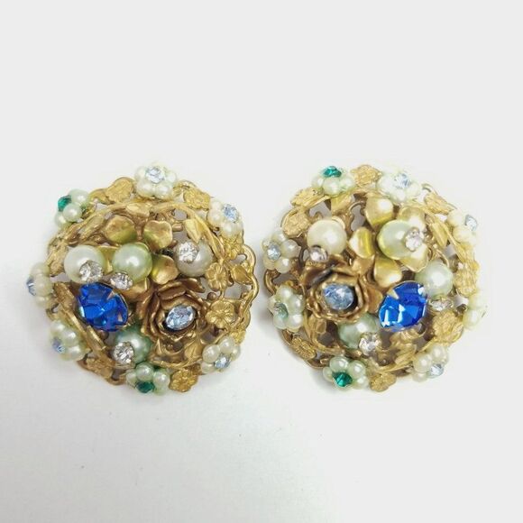 Vintage Rhinestone Floral Cluster Clip On Earrings, Blue Green Rhinestone, 50s - Picture 6 of 6
